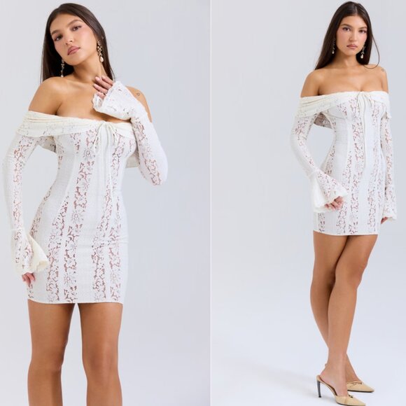 House of CB 'Sadie' Vintage Cream Floral Lace Off Shoulder Mini Dress NWOT - Picture 1 of 2